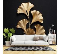 Custom Size Wall Murals,Golden Ginkgo Leaves Botanical Art Minimalist Nature Design on Black Background,SelfAdhesive Wall Fabric(NO PVC) Removable Large Wallpaper for Living Room