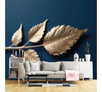 Custom Size Wall Murals,Golden Leaf Branch on Dark Blue Background Minimalist Art Botanical Design,SelfAdhesive Wall Fabric(NO PVC) Removable Large Wallpaper for Living Room,Bedroom