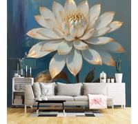 Custom Size Wall Murals,Golden White Lotus Flower Blue Background Elegant Botanical Art,SelfAdhesive Wall Fabric(NO PVC) Removable Large Wallpaper for Living Room,Bedroom