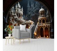 Custom Size Wall Murals, Gothic Fantasy Castle with Icicle Spires & Glowing Torches, Self-Adhesive Removable Peel and Stick Wallpaper, for Living Room, Bedroom, Shop, Office, Kids