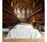 Custom Size Wall Murals Gothic Library Stained Glass Sunbeam Book Shelves Realistic Self-Adhesive Wall Fabric (NO PVC) Removable Wallpaper for Cafe Study Room