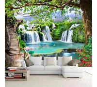 Custom Size Wall Murals，Green Big Tree Waterfall，Removable Peel and Stick Self-Adhesive Wall Murals Large Photo Wallpaper