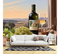 Custom Size Wall Murals,Green Grapes and Wine Bottle Scenic Countryside Vineyard View Rustic Window Still Life,SelfAdhesive Wall Fabric(NO PVC) Removable Large Wallpaper
