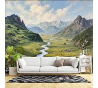 Custom Size Wall Murals,Green Valley River Flowing Through Mountain Landscape Pastoral Nature Scenery Artwork,SelfAdhesive Wall Fabric(NO PVC) Removable Large Wallpaper
