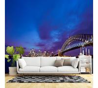 Custom Size Wall Murals,Harbor Bridge City Skyline Night View Purple Blue Sky,Self-Adhesive Wall Fabric(NO PVC) Removable Large Wallpaper for Living Room,Bedroom,Office