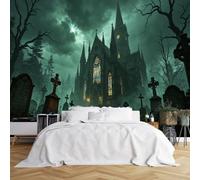 Custom Size Wall Murals Haunted Church Graveyard Dark Forest Wall Murals Realistic Gothic Wallpaper Wall Covering Fabric Self-Adhesive Removable Wallpaper for Game Room