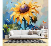 Custom Size Wall Murals,Impressionist Sunflower Painting Vibrant Yellow Petals Abstract Blue Background Floral Art,SelfAdhesive Wall Fabric(NO PVC) Removable Large Wallpaper for Living Room