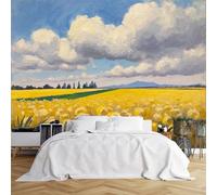 Custom Size Wall Murals,Impressionistic Yellow Flower Field Crop Landscape - Partly Cloudy Sky Distant Trees Blue Horizon,Self - Adhesive Wall Covering Fabric (NO PVC),Removable Wallpaper