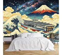 Custom Size Wall Murals Japanese Ukiyo-E Style Aircraft Carrier with Mount Fuji Wall Murals Traditional Art Scene Wallpaper HD Self-Adhesive Removable Wallpaper for Living Room