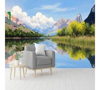 Custom Size Wall Murals, Lake Mountain Rainbow Trees Boats Cloudy Sky, Self-Adhesive Removable Peel and Stick Wallpaper, for Living Room, Bedroom, Shop, Office, Kids