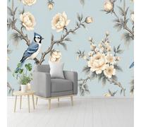 Custom Size Wall Murals, Light Blue Peony Branches & Blue Jay Bird Pattern, Self-Adhesive Removable Wall Covering Fabric, Large Photo Wallpaper for Living Room Bedroom Kitchen Office Kids