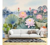 Custom Size Wall Murals,Lotus Flower Lake Tranquil Watercolor Landscape Nature Botanical Art,SelfAdhesive Wall Fabric(NO PVC) Removable Large Wallpaper for Living Room