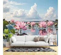 Custom Size Wall Murals,Lotus Flowers Lake Reflection Tranquil Water Scenic Clouds,SelfAdhesive Wall Fabric(NO PVC) Removable Wallpaper for Living Room,Bedroom