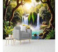 Custom Size Wall Murals, Lush Forest Waterfall with Turquoise Pool & Mossy Boulders, Self-Adhesive Removable Peel and Stick Wallpaper, for Living Room, Bedroom, Shop, Office, Kids