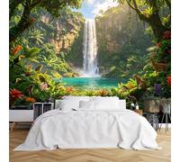 Custom Size Wall Murals Lush Jungle Waterfall with Animals Wall Murals Nature Wildlife Scene Wallpaper HD Self-Adhesive Removable Wallpaper for Home Decor