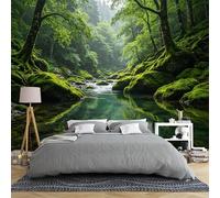 Custom Size Wall Murals Lush Rainforest Stream with Mossy Rocks and Reflections Removable Self-Adhesive Wallpaper for Bedroom Living Room Dining Room
