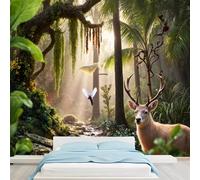 Custom Size Wall Murals Magical Sunlit Forest Deer Stream Tropical Trees Fantasy Scene Removable Wallpaper Self-Adhesive Photo Bedroom Living Room