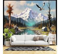 Custom Size Wall Murals,Majestic Mountain River Landscape with Eagle Flying Snowy Peaks Pine Forest Scenic Nature Painting,SelfAdhesive Wall Fabric(NO PVC) Removable Wallpaper for Living Room