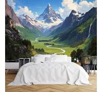 Custom Size Wall Murals,Majestic Snow-Capped Mountain Peak River Valley Evergreen Trees Sky Self-Adhesive Wall Covering Fabric (NO PVC),Removable Wallpaper for Living Room Bedroom Kids