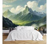 Custom Size Wall Murals,Majestic Snow-Capped Mountains Lush Green Slopes Rocky Peaks Bright Partly Cloudy Sky Soft Fluffy Clouds,Self-Adhesive Wall Covering Fabric,Removable Wallpaper