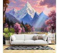 Custom Size Wall Murals,Majestic Snow Mountain Landscape Cherry Blossom Valley Waterfall Serenity,SelfAdhesive Wall Fabric(NO PVC) Removable Large Wallpaper for Living Room