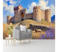 Custom Size Wall Murals, Medieval Castle & Grassy Hill Landscape Scene, Self-Adhesive Removable Wall Covering Fabric, Large Photo Wallpaper for Living Room Bedroom Kitchen Office Kids
