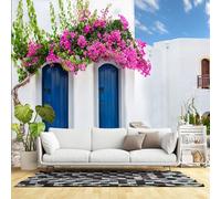 Custom Size Wall Murals,Mediterranean Blue Double Doors Stone Pathway Self-Adhesive Wall Fabric (NO PVC) Removable Large Photo Wallpaper for Living Room, Bedroom,Office