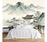 Custom Size Wall Murals Minimal Chinese Ink Pine Stream Mountain Pavilion Realistic Self-Adhesive Wall Fabric (NO PVC) Removable Wallpaper for Entryway Tea Room