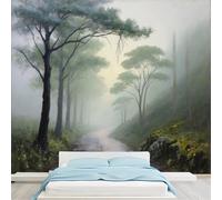 Custom Size Wall Murals Misty Forest Path with Tall Trees and Soft Fog Nature Scene Removable Self-Adhesive Wallpaper for Bedroom Living Room Dining Room
