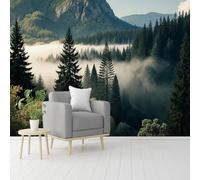 Custom Size Wall Murals, Misty Mountain Evergreen Forest, Dense Trees & Rocky Peaks, Self-Adhesive Removable Peel and Stick Wallpaper, for Living Room, Bedroom, Shop, Office, Kids