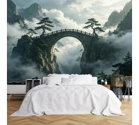 Custom Size Wall Murals Misty Mountain Stone Arch Bridge Pine Cloud Valley Large Photo Wallpaper Self-Adhesive Wall Fabric (NO PVC) Removable Wallpaper for Tea Room Home Decor