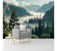 Custom Size Wall Murals, Misty Mountain Valley with Evergreen Trees & Rocky Peaks, Self-Adhesive Removable Peel and Stick Wallpaper, for Living Room, Bedroom, Shop, Office, Kids