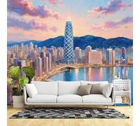 Custom Size Wall Murals,Modern City Skyline Sunset Reflections River Bridge Colorful Night Lights,SelfAdhesive Wall Fabric(NO PVC) Removable Large Wallpaper for Living Room