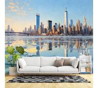 Custom Size Wall Murals,Modern City Skyline Winter River Reflections Urban Landscape Sunset Painting,SelfAdhesive Wall Fabric(NO PVC) Removable Large Wallpaper for Living Room