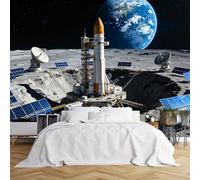 Custom Size Wall Murals Moon Launch Pad with Earth View Wall Murals Sci-Fi Scene Wallpaper Wall Covering Fabric Self-Adhesive Removable Wallpaper for Living Room