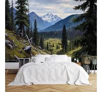 Custom Size Wall Murals,Mountainous Natural Landscape Grassy Hillside Evergreen Forest Snowy Peaks Partly Cloudy Sky,Self-Adhesive Wall Covering Fabric (NO PVC),Removable Wallpaper