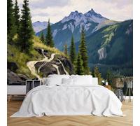 Custom Size Wall Murals,Mountainous Wilderness Rocky Outcrops Evergreen Forests Snow-Capped Peaks Partly Cloudy Sky,Self-Adhesive Wall Covering Fabric (NO PVC),Removable Wallpaper