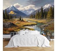 Custom Size Wall Murals,Mountainous Wilderness Stream Meadow Evergreen Forest Snow-Capped Peaks Partly Cloudy Sky,Self-Adhesive Wall Covering Fabric (NO PVC),Removable Wallpaper for Bedroom