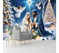 Custom Size Wall Murals, Nativity Scene with Mary Joseph & Baby Jesus & Snowfall & Angels, Self-Adhesive Removable Peel and Stick Wallpaper, for Living Room, Bedroom, Shop, Office, Kids