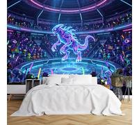 Custom Size Wall Murals Neon Alien Arena with Monster Fight and Spectators Wall Murals Sci-Fi Action Scene Wallpaper Vivid Self-Adhesive Removable Wallpaper for Bedroom