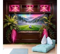 Custom Size Wall Murals,Neon Soccer Stadium View from Dark Framed Window Wall Murals,Wall Covering Fabric,Self-Adhesive Removable Wallpaper for Man Cave Bedroom