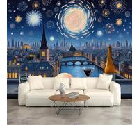 Custom Size Wall Murals,Night Cityscape - Champagne Balcony River Bridge Stars,Self-Adhesive Wall Fabric (NO PVC),Removable Wallpaper for Living Room Bedroom Office Kids