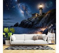 Custom Size Wall Murals,Night Sky Milky Way Lighthouse Rocky Coast Ocean Sparkle,SelfAdhesive Wall Fabric(NO PVC) Removable Large Wallpaper for Living Room
