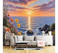 Custom Size Wall Murals,Ocean Sunset Seascape Flowers Coastal Landscape Vibrant Sky,SelfAdhesive Wall Fabric(NO PVC) Removable Large Wallpaper for Living Room,Bedroom