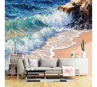 Custom Size Wall Murals,Ocean Waves Breaking on Sandy Beach Coastline Seascape Ocean View,SelfAdhesive Wall Fabric(NO PVC) Removable Large Wallpaper for Living Room,Bedroom