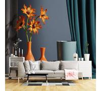 Custom Size Wall Murals,Orange Ceramic Vases with Bright Flowers and Teal Curtain Modern Still Life Art,SelfAdhesive Wall Fabric(NO PVC) Wallpaper for Living Room