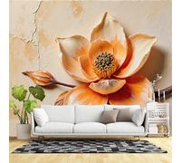 Custom Size Wall Murals,Orange Lotus Flower Textured Painting Botanical Art,SelfAdhesive Wall Fabric(NO PVC) Removable Wallpaper for Living Room,Bedroom