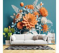 Custom Size Wall Murals,Paper Art Flower Bouquet Orange Blue White Floral Modern Still Life Vase Art Print,SelfAdhesive Wall Fabric(NO PVC) Removable Large Wallpaper for Living Room