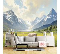 Custom Size Wall Murals,Pastoral Mountain Valley Landscape Sheep Herding Scenic Meadow Snow Peaks Nature Painting,SelfAdhesive Wall Fabric(NO PVC) Wallpaper for Living Room