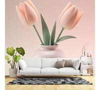 Custom Size Wall Murals,Peach Tulip Flower Minimalist Vase Botanical Soft Pastel Art,SelfAdhesive Wall Fabric(NO PVC) Removable Large Wallpaper for Living Room